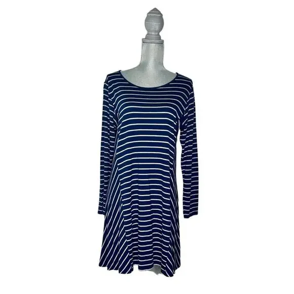 Stylus Women's Navy Blue and Gray Striped Long Sleeve Casual Short Dress XL - Picture 2 of 8